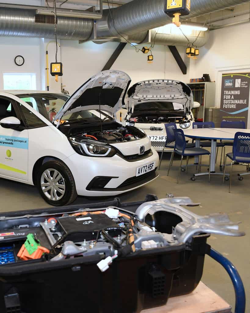 Electric Vehicles in the EV studio at Suffolk New College